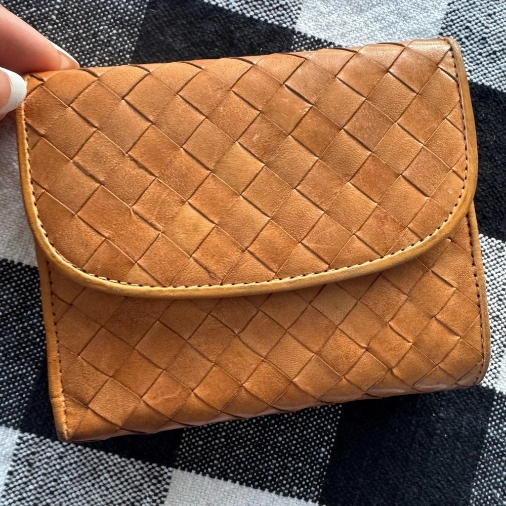 Tan Woven Leather Wallet Compact Design